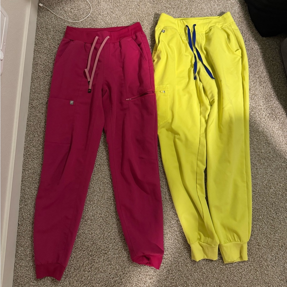 Figs Highlighter Yellow Scrub Pants and Fabletics Hibiscus Pink Srubs